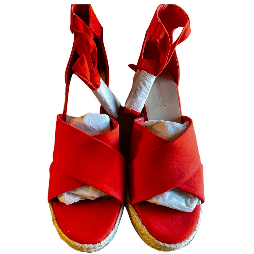 NWOT Shoe Dazzle Orange Woven wedge heels with ankle strap Size 9.5